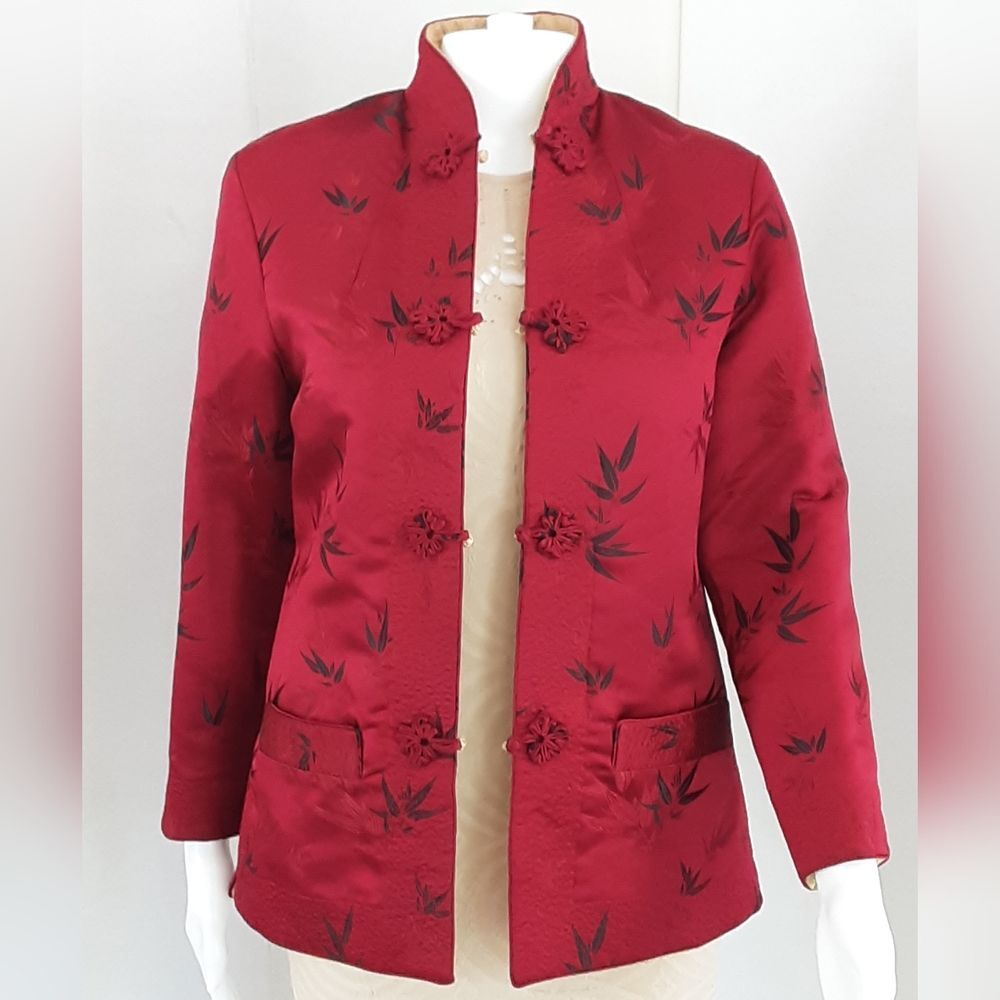 Traditional Asian Floral Brocade Silk Red|Yellow Reversible Cocktail Jacket Sz S